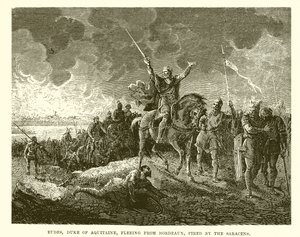 Eudes, Duke of Aquitaine, Fleeing from Bordeaux, Fired by the Saracens by English School
