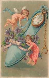 Fairies tying ribbons and flowers around a cushion