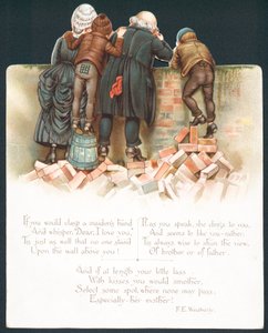 Family leaning over wall watching romantic couple by English School