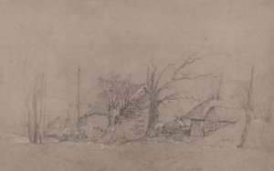 Farm Buildings by a River Bank by English School
