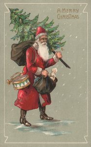 Father Christmas carrying a sack of toys and a Christmas tree