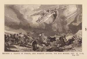 Fifth angel bringing a plague of demons, like scorpion locusts, for five months