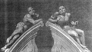 Figures over the Gateway of Bethlehem Hospital, engraved by A. Birrell for Lamberts History of London, 1805
