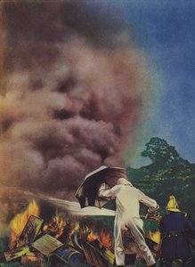 Fireman experimenting with an asbestos suit and umbrella by English School