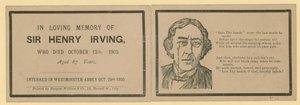 Folding card noting the passing of Sir Henry Irving, actor, who died on 13 October 1905