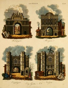 Four City Gates: Bishopsgate, Moorgate, Cripplegate and Newgate, engraved by J. Pass, pub. by G. Jones
