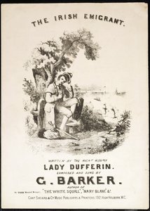 Front cover of music score for The Irish Immigrant, written by Lady Dufferin, composed by G. Barker by English School