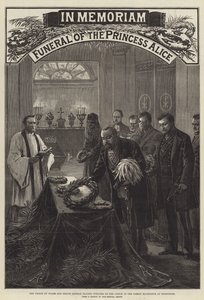 Funeral of the Princess Alice, the Prince of Wales and Prince Leopold placing Wreaths on the Coffin in the Family Mausoleum at Rosenhohe by English School