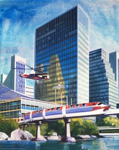 Futuristic Monorail and Helicopter