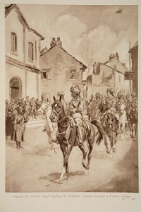 General Sir Pertab Singh Leading the Jodhpur Lancers through a French Village, 1914-19 by English School