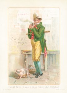 Gentleman smoking pipe and walking pig by English School