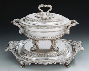 George III-style silver tureen with tray by English School