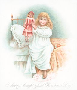 Girl getting out of bed on Christmas morning with present by English School