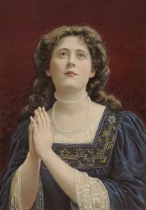 Girl in Blue Dress, Wearing Pearls, Hands Clasped by English School