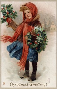 Girl selling holly and Christmas wreaths by English School