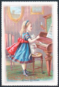 Girl with Cat standing at Piano by English School