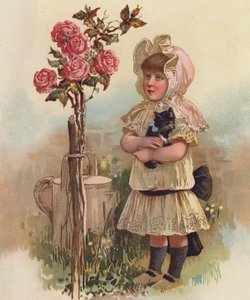 Girl with a cat and a rose tree by English School