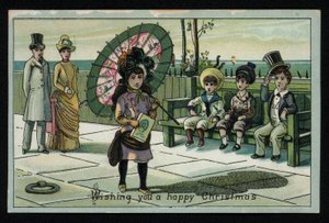 Girl with a Large Parasol Walking Along a Seaside Promenade, Christmas Greetings Card by English School
