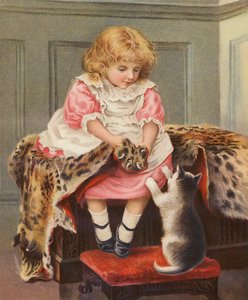 Girl with a Leopard Skin and a Domestic Cat by English School