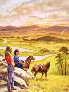 Girls and ponies looking over the countryside