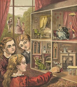Girls Playing with a Dollhouse