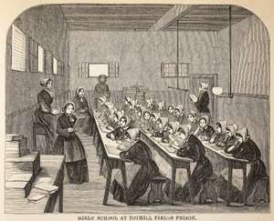 Girls school at Tothill Fields Prison, illustration from The Criminal Prisons of London and Scenes from Prison Life by Henry Mayhew and John Binny, pub. 1862 by English School