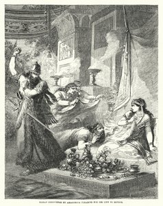 Haman Discovered by Ahasuerus Pleading for His Life to Esther (engraving) by English School