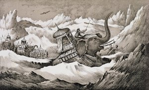 Hannibal and his war elephants crossing the Alps by English School