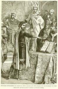 Harold Swearing to Uphold the Right of the Duke of Normandy to the Throne of England--Types and Manners by English School