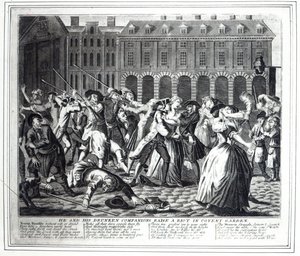 He and His Drunken Companions Raise a Riot in Covent Garden, from a pirated series based on Hogarth