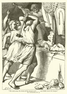 He took away the altars of the strange gods and brake down the images, II, Chronicles, xiv, 3 by English School