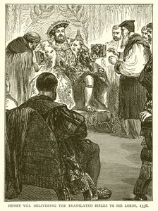 Henry VIII delivering the Translated Bibles to his Lords, 1538 by English School