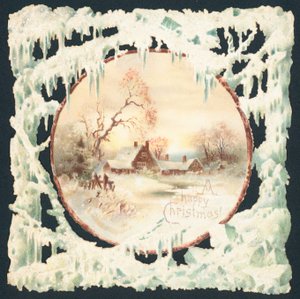 House in Snow Scene Surrounded by Icicles, Christmas Card