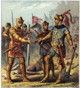 Hundred Years War: Battle of Poitiers (1356). The King of France John II the Good acknowledged his defeat and went to Edward Plantagenet of England. by English School
