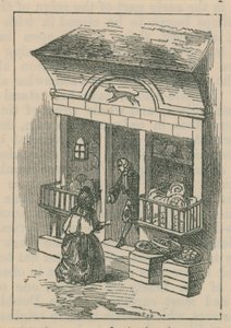 Illustration Depicting a Man Emerging from the Front of a Shop by English School
