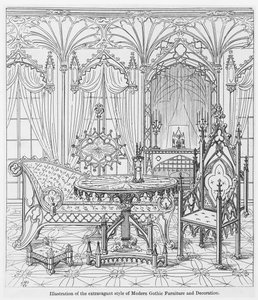 Illustration of the extravagant style of Modern Gothic Furniture and Decoration, from True Principles of Pointed of Christian Architecture, by Augustus Welby Pugin