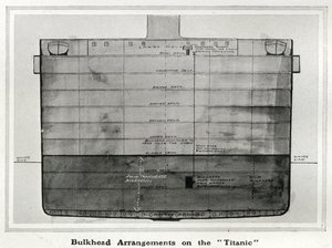Illustration showing a cross section of the bulkhead arrangements on Titanic, from 