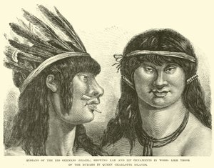 Indians of the Rio Oermejo (Brazil), showing ear and lip ornaments in wood, like those of the Hydahs in Queen Charlotte Islands by English School
