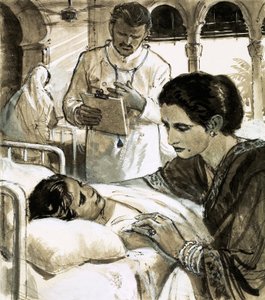 Indira Gandhi watching over a child in hospital