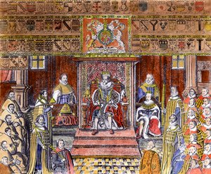 James I of England (1566-1625) at Court (later colouration) by English School