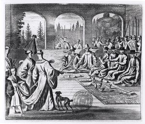 Jesuits with Dutch and Portuguese merchants at the court of the Japanese Emperor, illustration from A Memorable Embassy to the Emperor of Japan by Arnold Montanus, published in London 1670 by English School