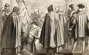 John Frith about to be burnt at the stake for heresy in 1533 by English School