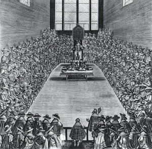 King James I (1566-1625) in the Houses of Parliament, 1624 by English School