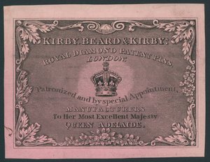 Kirby, Beard and Kirby, Royal Diamond Patent Pins, Trade Card by English School