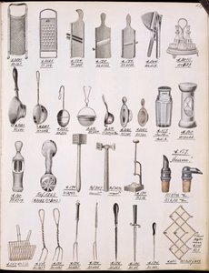 Kitchen utensils, from a trade catalogue of domestic goods and fittings, c.1890-1910 by English School