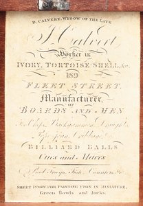 Label applied on the box of an English "Calvert" pattern turned ivory chess set, c.1826-50 by English School