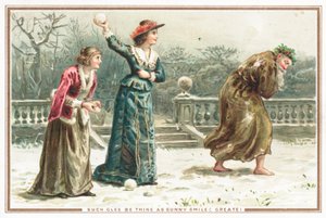 Ladies throwing snowballs at old man