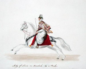 Lady of Lima on Horseback in a Poncho by English School