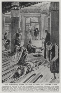 Lamas worshipping before the Holy of the Holies in a Tibetan temple (litho)