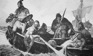 Leif Ericson discovers the shore of Vinland the Good, probably Newfoundland by English School